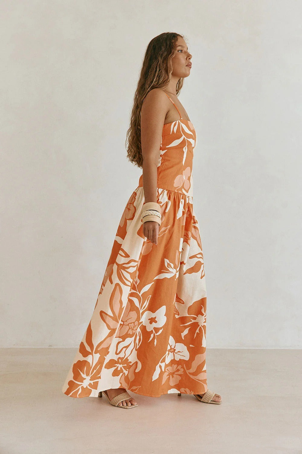 Women's Long Floral Dress – Square Neck with Adjustable Thin Straps