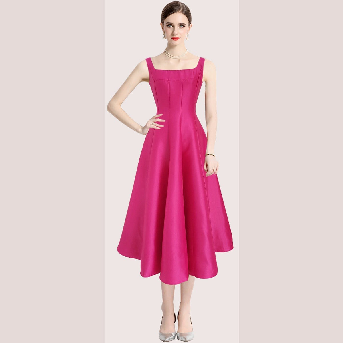 Vintage Women's Midi Dress with Straps – Sleeveless Fitted Cut