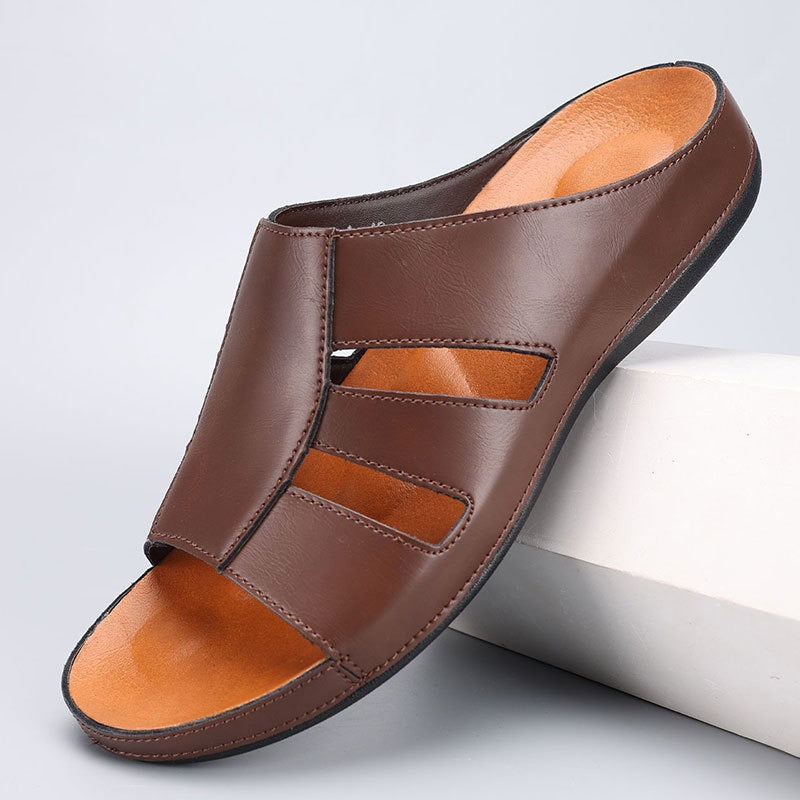 Men’s Open Leather Slides – Padded Casual Comfort Fit