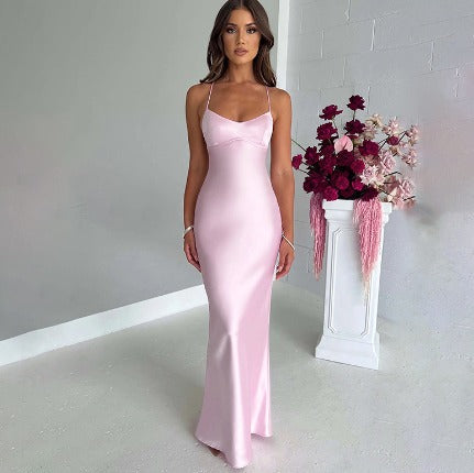 Women's Satin Dress – Backless with Laces