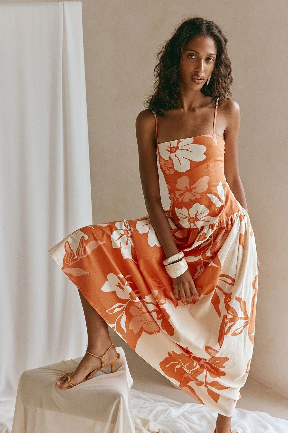 Women's Long Floral Dress – Square Neck with Adjustable Thin Straps