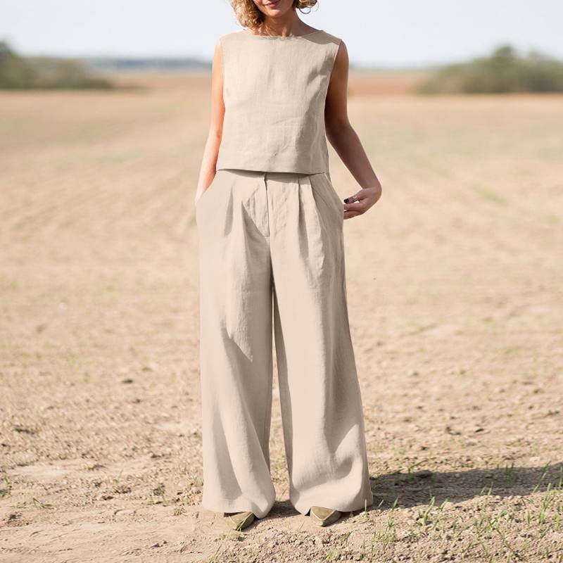 Women's Two-Piece Set in Linen and Cotton – Wide-Leg Pants & Sleeveless Top