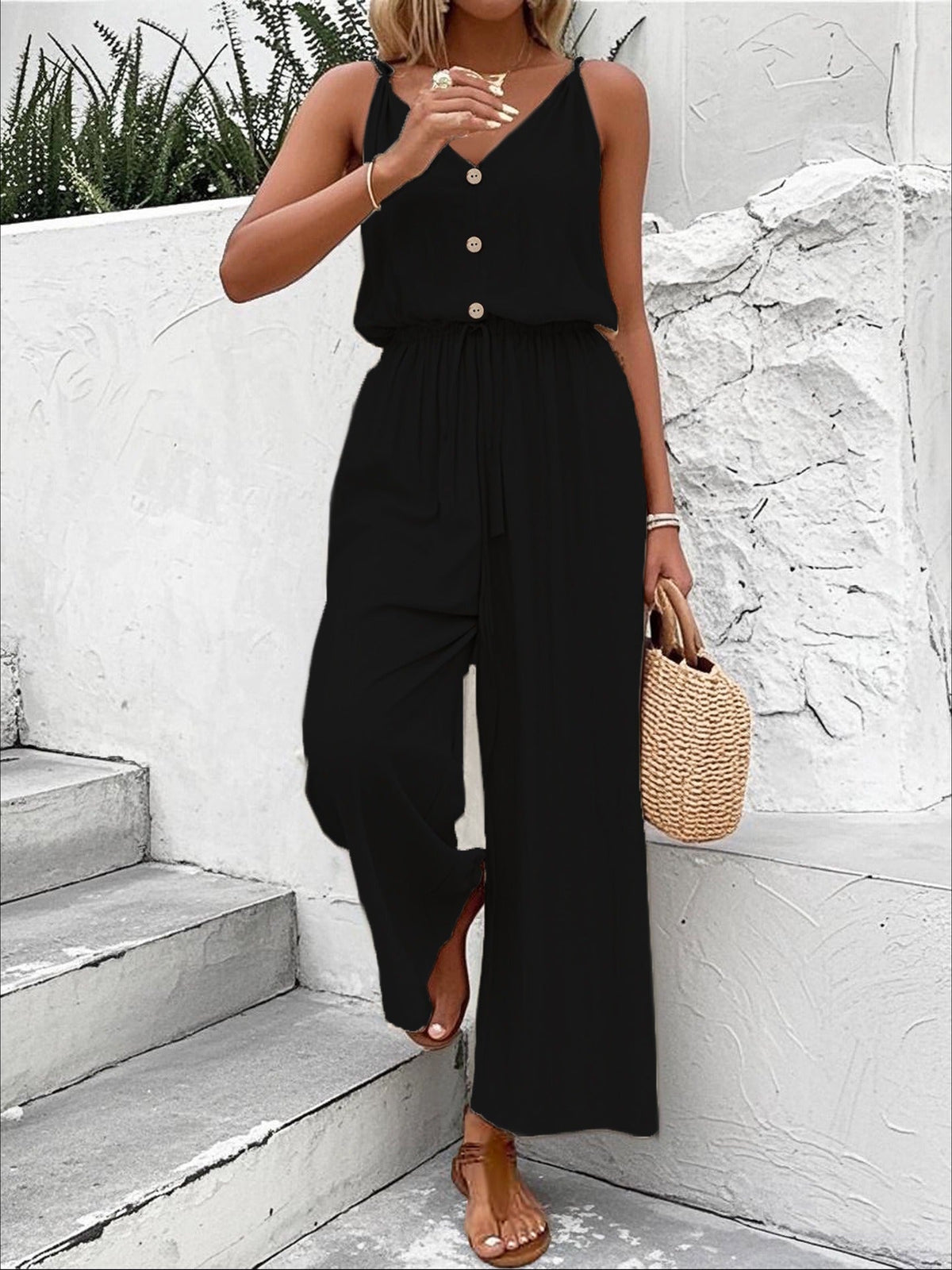 Women's Wide-Leg Jumpsuit – Sleeveless V-Neck with Tied Belt