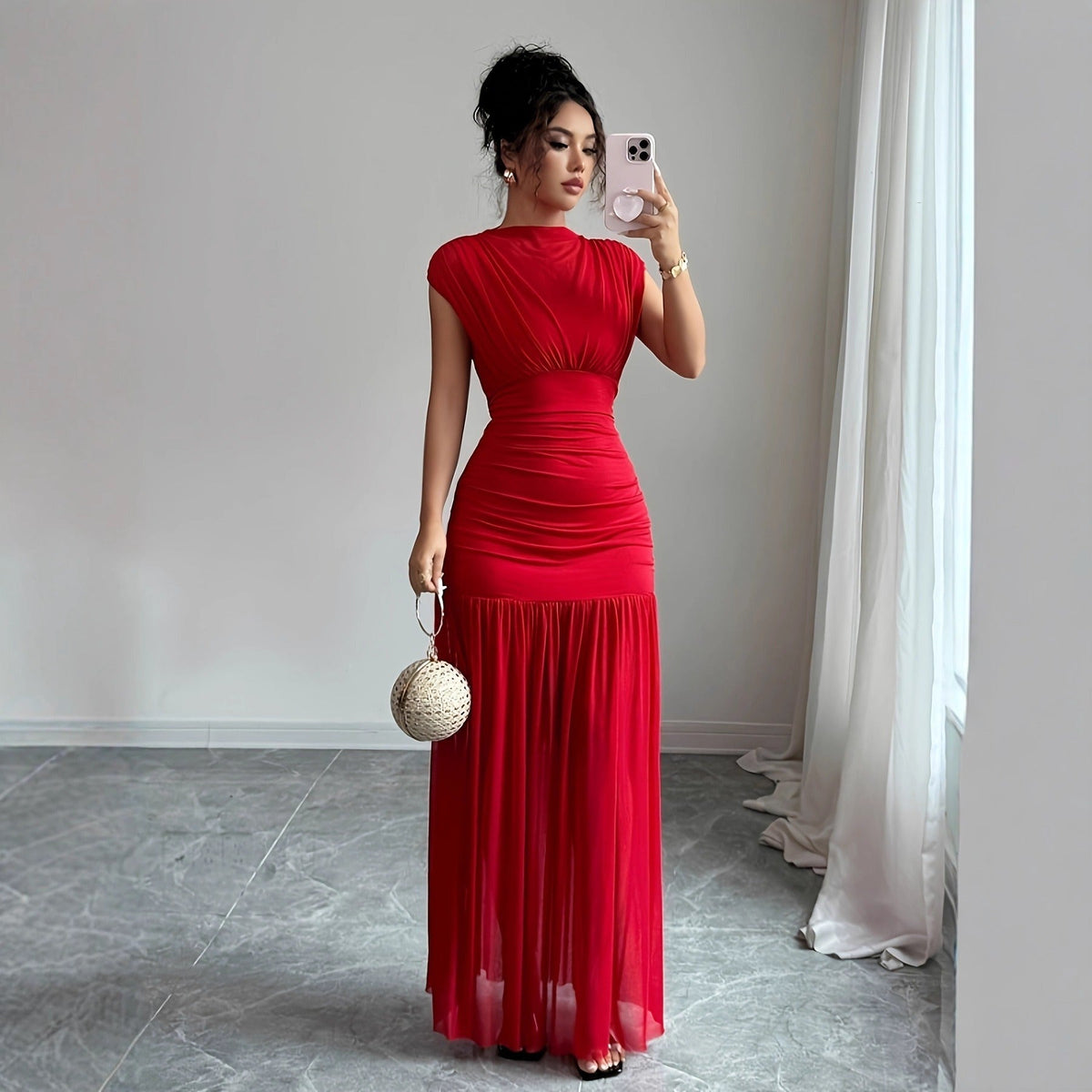 Women’s Ruched Mesh Maxi Dress – Fitted Pleated Elegance