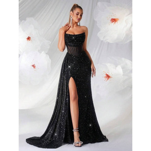 Long Evening Dress for Women – Semi-Transparent Structured Bodice and Flared Skirt
