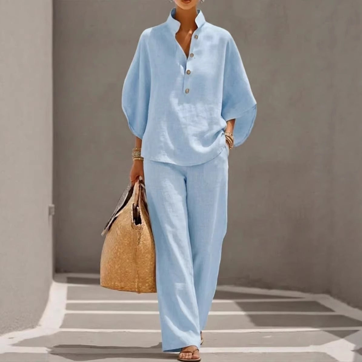 Women's Linen Co-ord Set – Oversize V-Neck Top and Straight Trousers