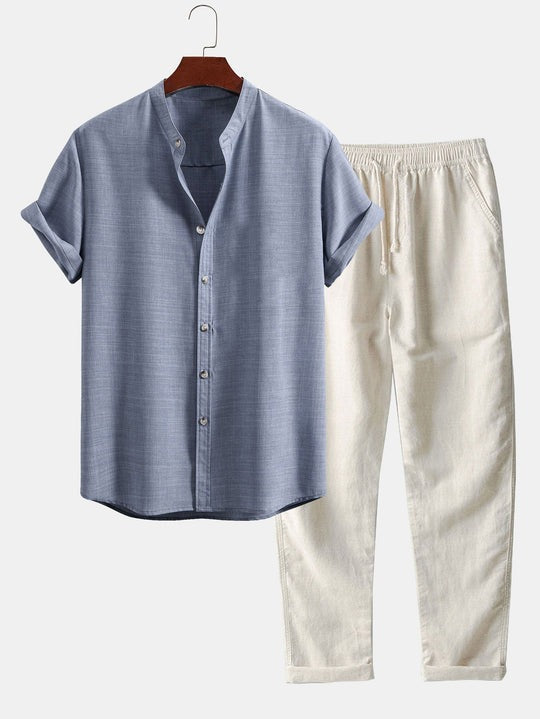 Men's Linen Two-Piece Set – Short-Sleeve Shirt Drawstring Trousers