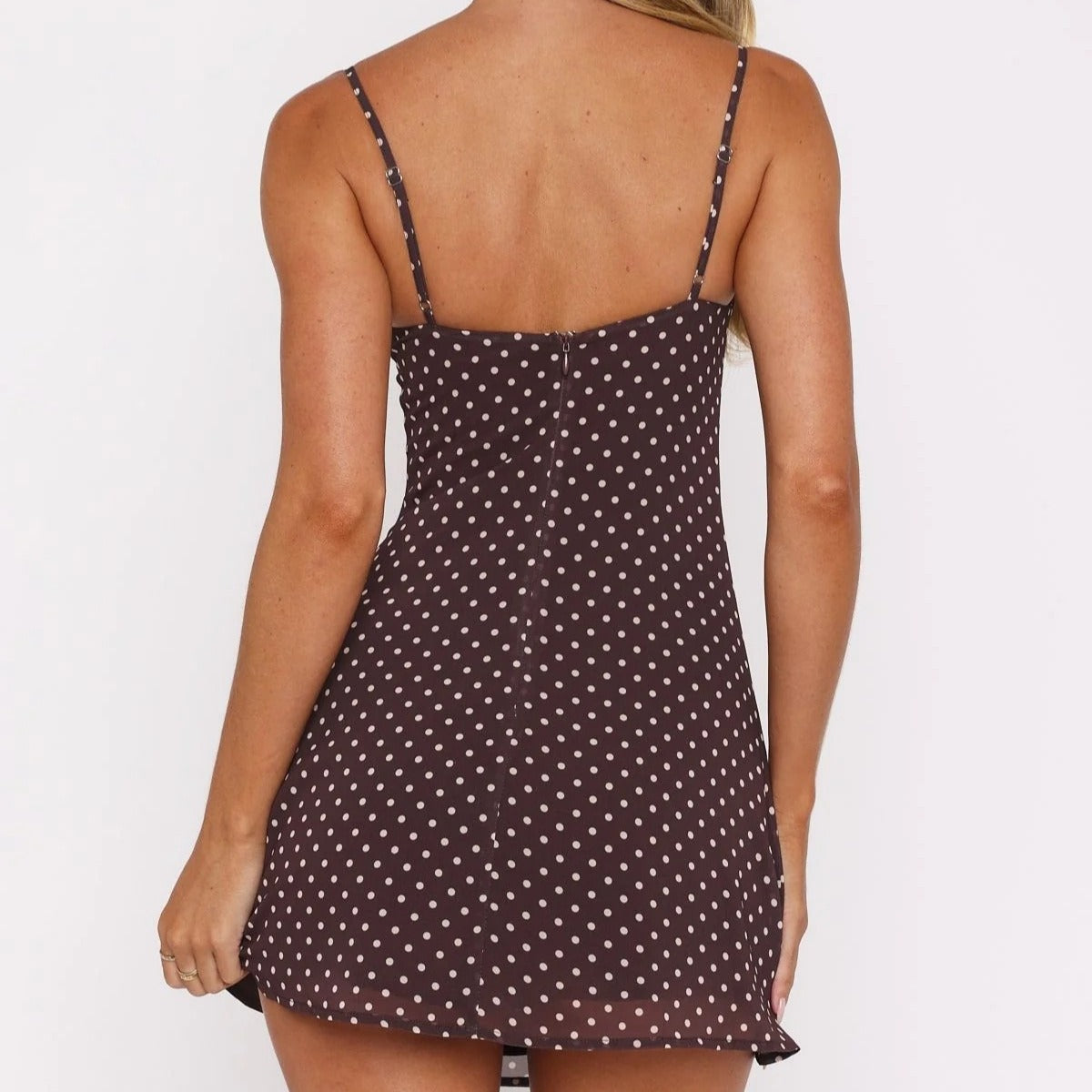 Women's Short Fitted Dress with Polka Dots – Heart Neckline and Lightweight Stretch Fabric