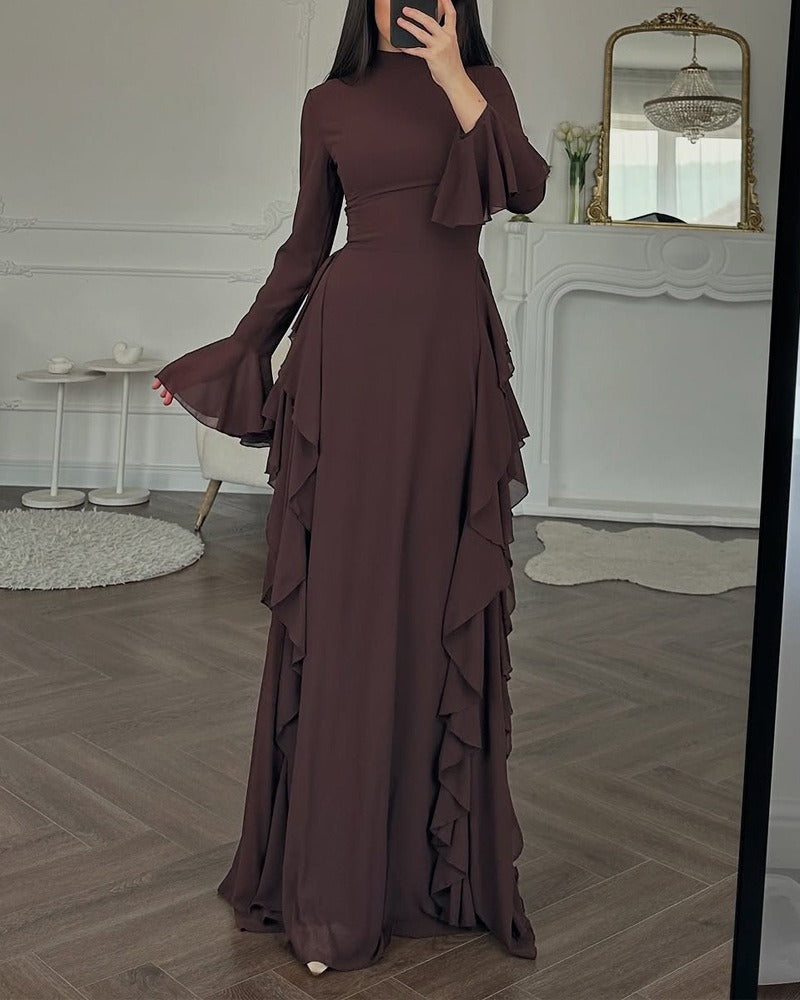Women's Long Dress with Ruffles – Lightweight Flowing Fabric and Flared Sleeves
