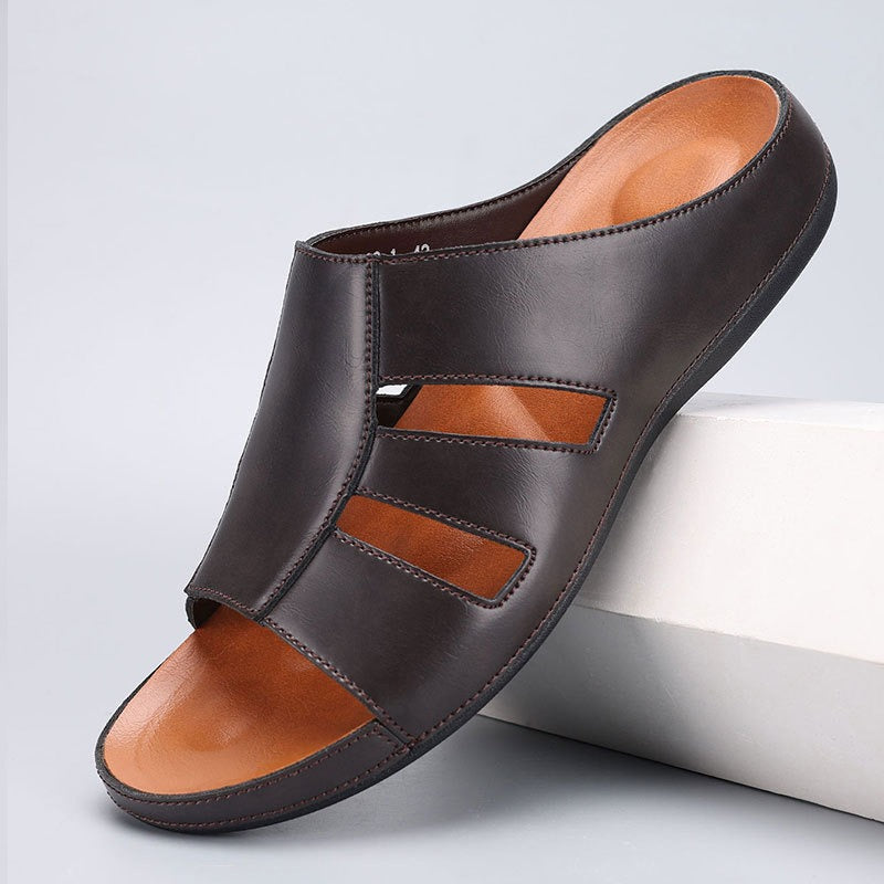 Men’s Open Leather Slides – Padded Casual Comfort Fit