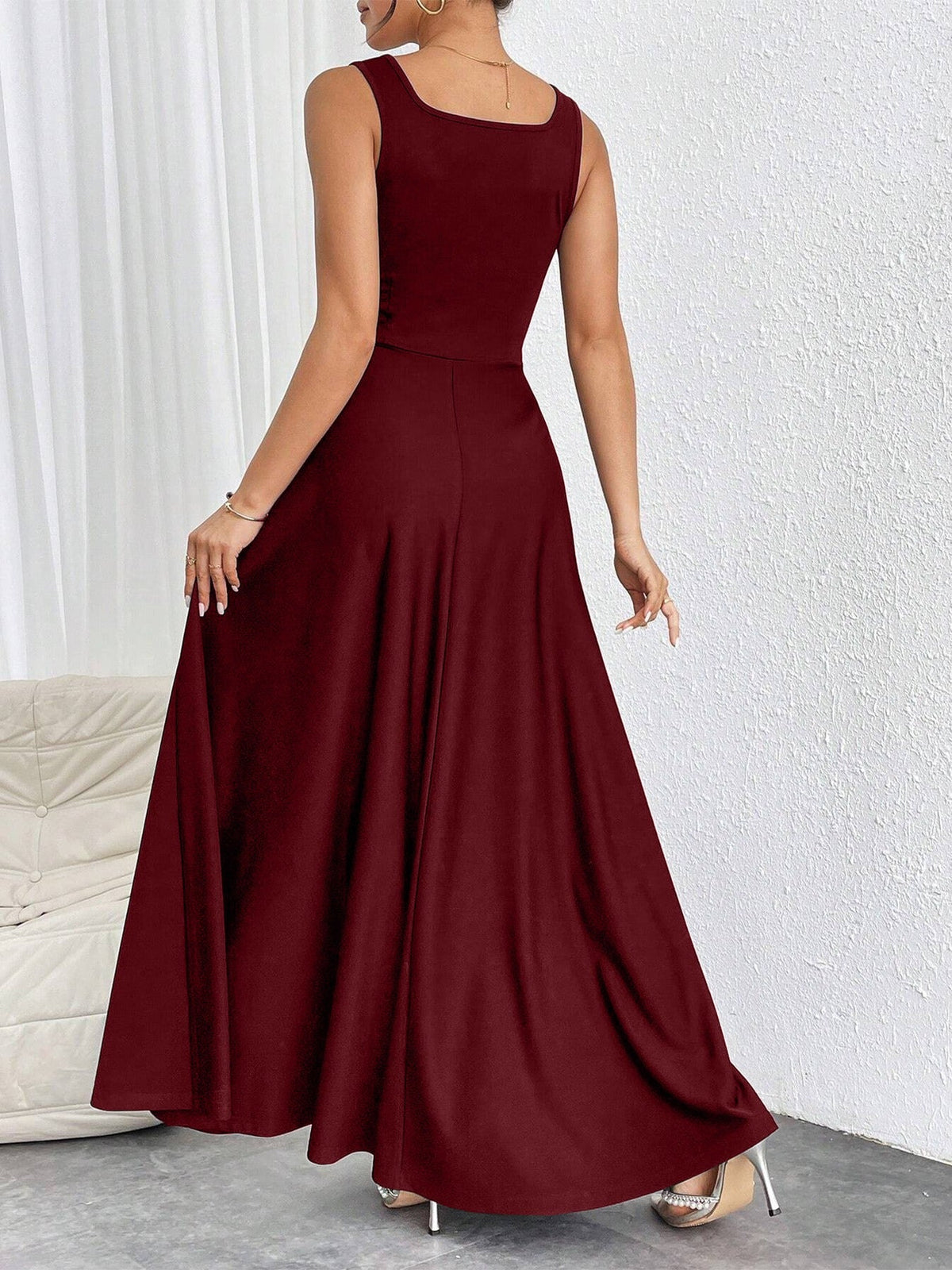 Women's Maxi Dress – Square Neckline, Elegant A-Line Cut