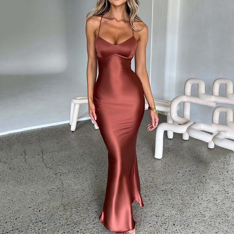 Women's Satin Dress – Backless with Laces