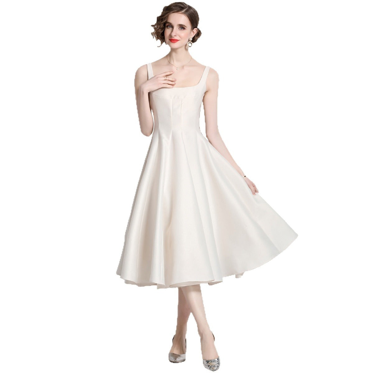 Vintage Women's Midi Dress with Straps – Sleeveless Fitted Cut