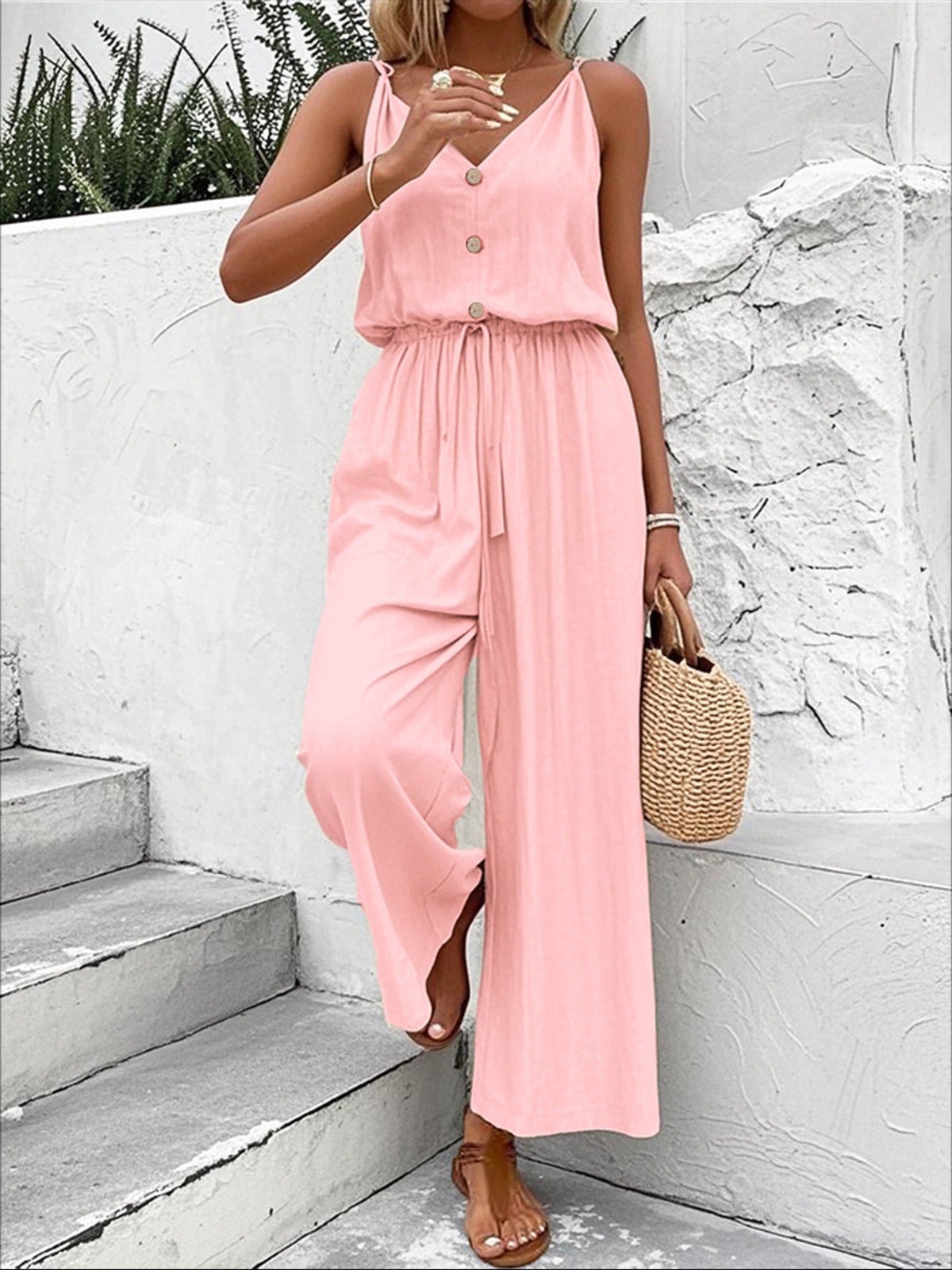 Women's Wide-Leg Jumpsuit – Sleeveless V-Neck with Tied Belt