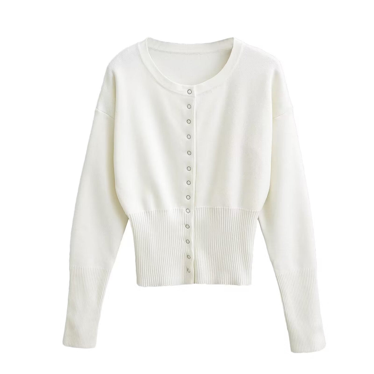 Women's Knit Cardigan – Textured Finish Buttoned Crew Neck