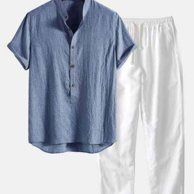 Men's Linen Two-Piece Set – Short-Sleeve Shirt Drawstring Trousers