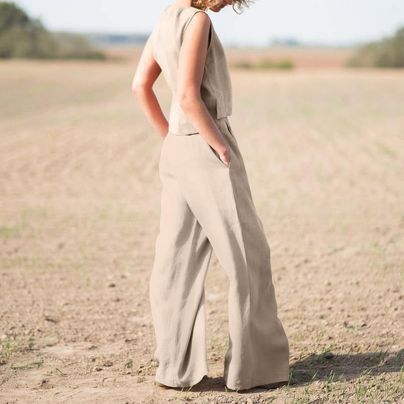 Women's Two-Piece Set in Linen and Cotton – Wide-Leg Pants & Sleeveless Top