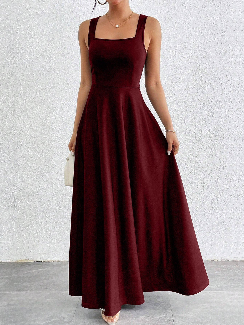 Women's Maxi Dress – Square Neckline, Elegant A-Line Cut