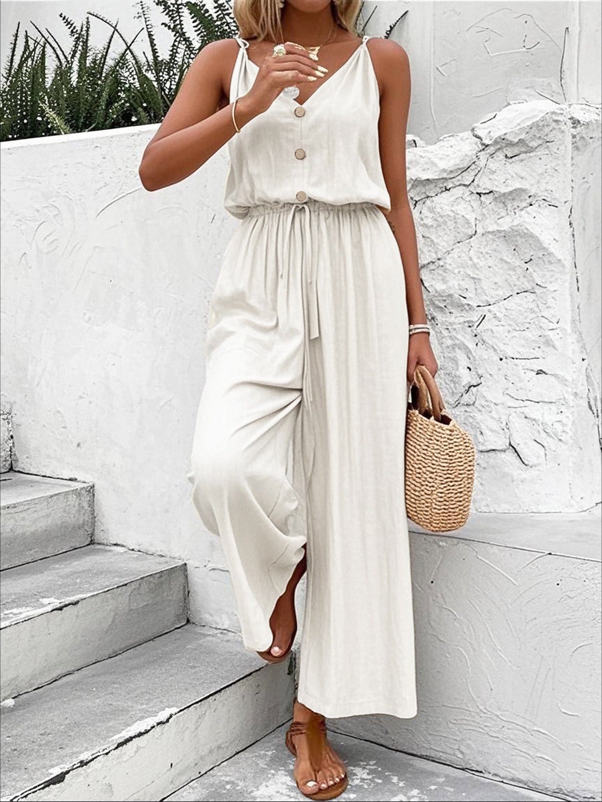 Women's Wide-Leg Jumpsuit – Sleeveless V-Neck with Tied Belt