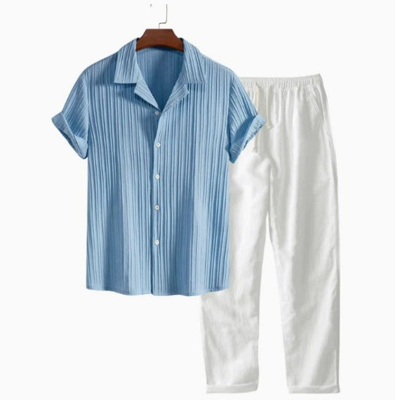 Men's Linen Two-Piece Set – Short-Sleeve Shirt Drawstring Trousers