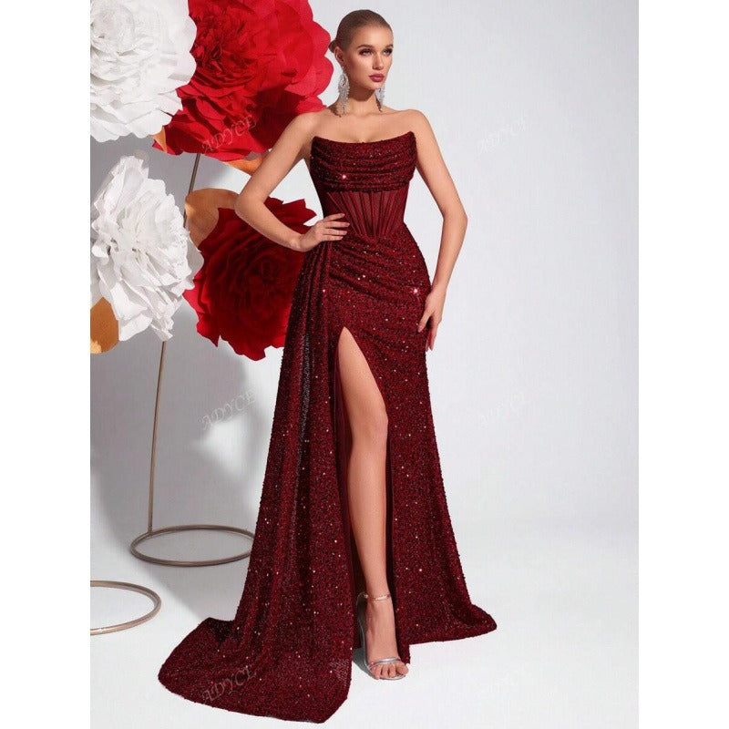 Long Evening Dress for Women – Semi-Transparent Structured Bodice and Flared Skirt