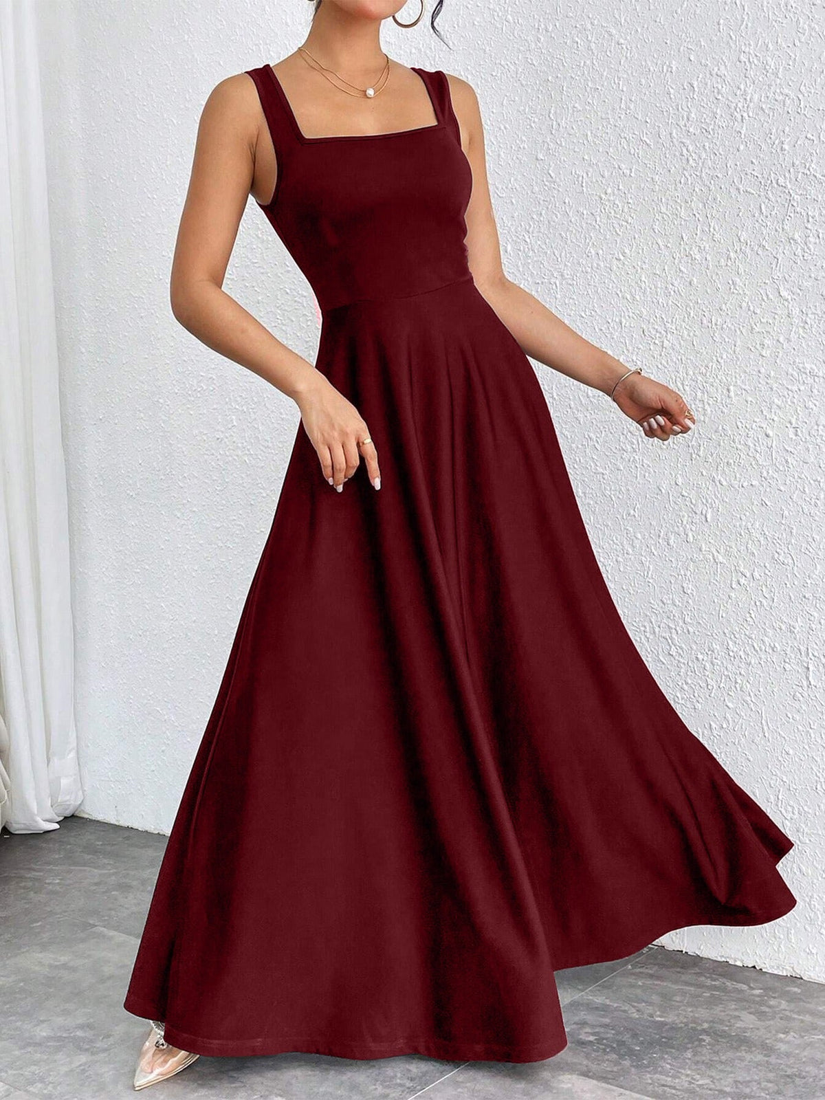 Women's Maxi Dress – Square Neckline, Elegant A-Line Cut
