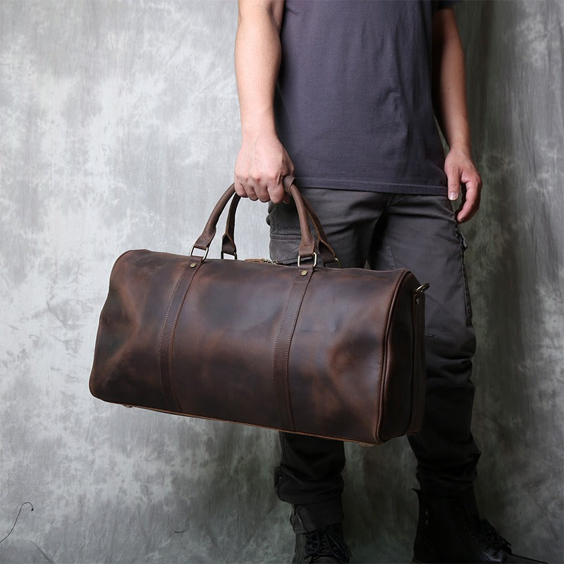 Men's Genuine Leather Travel Bag – Cylindrical Duffle Bag