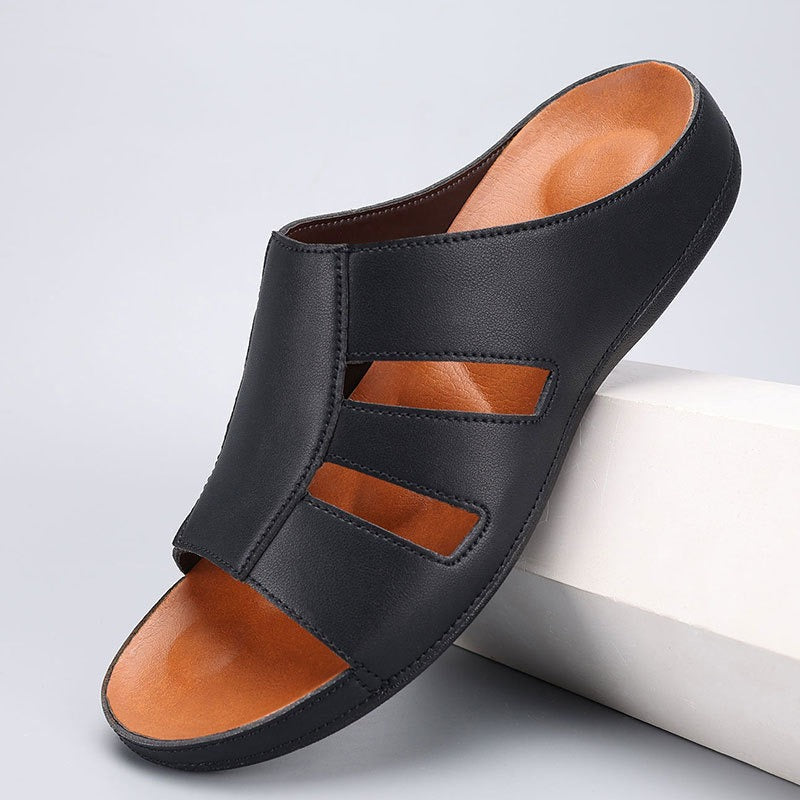 Men’s Open Leather Slides – Padded Casual Comfort Fit