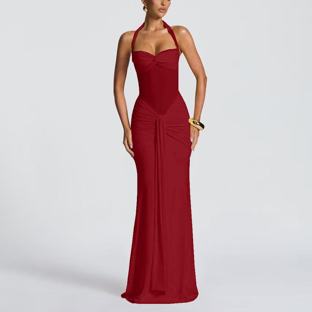 Fitted Long Ruched Dress for Women – Evening Dress with Sheer Panel
