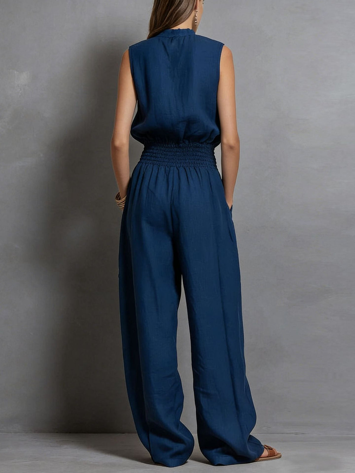 Women's Flowy Wide-Leg Jumpsuit – Sleeveless with Drawstring Waist