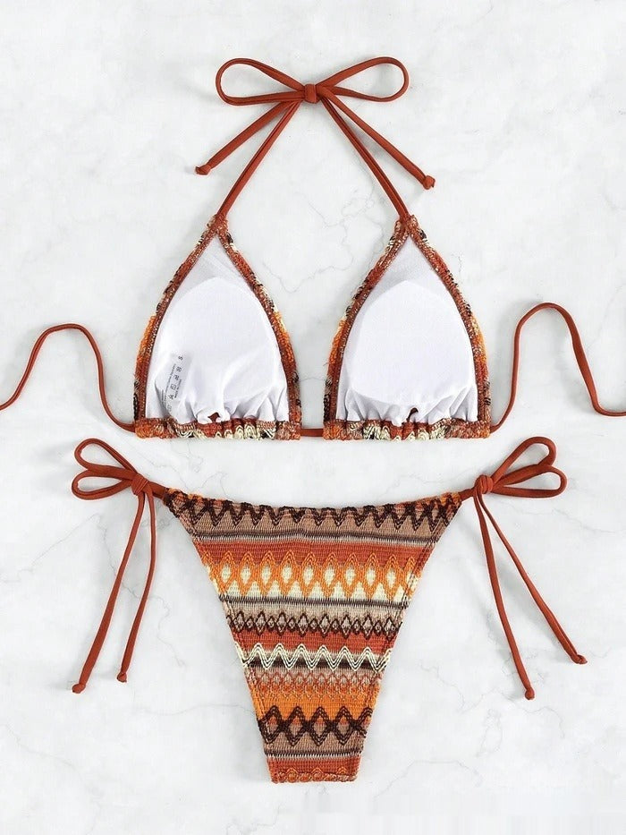 Women's Geometric Print Bikini – Triangle Halter Top and Side-Tied Bottoms