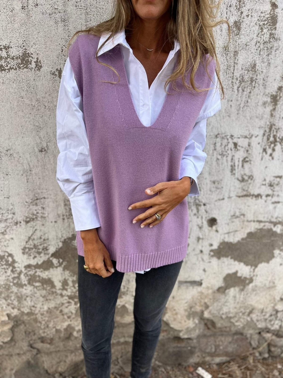 Women's Knitwear Vest – Deep V-Neck, Oversize Fit