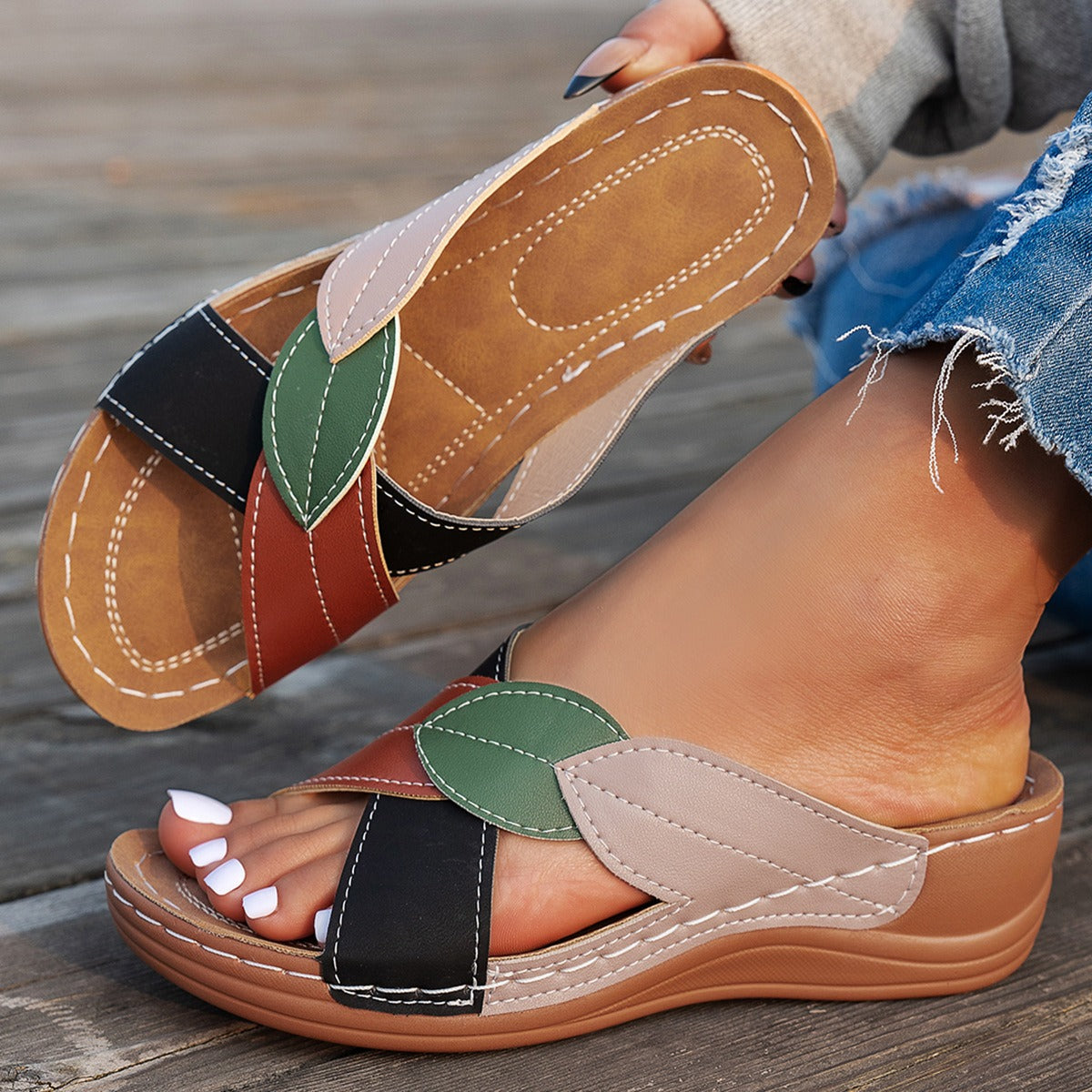 Women's Wedge Sandals Open Toe – Crossed Straps Color Block