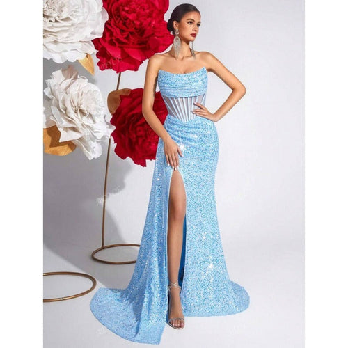 Long Evening Dress for Women – Semi-Transparent Structured Bodice and Flared Skirt