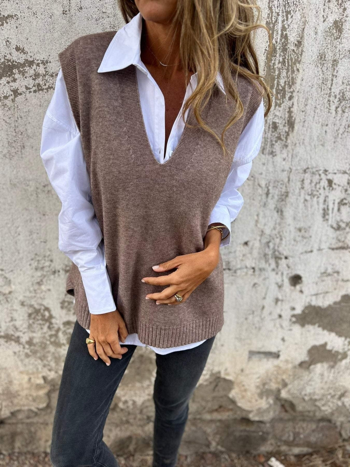Women's Knitwear Vest – Deep V-Neck, Oversize Fit