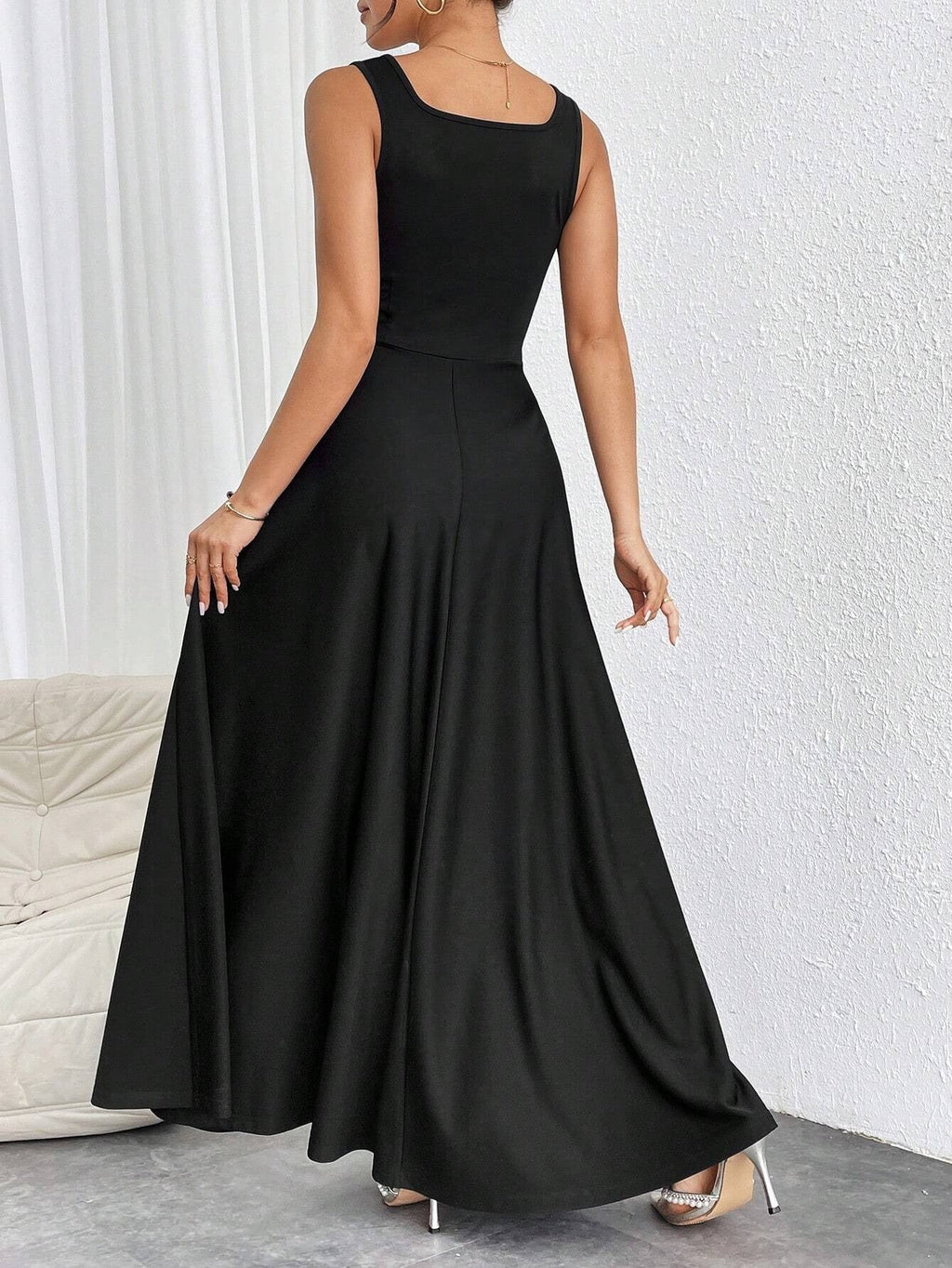 Women's Maxi Dress – Square Neckline, Elegant A-Line Cut