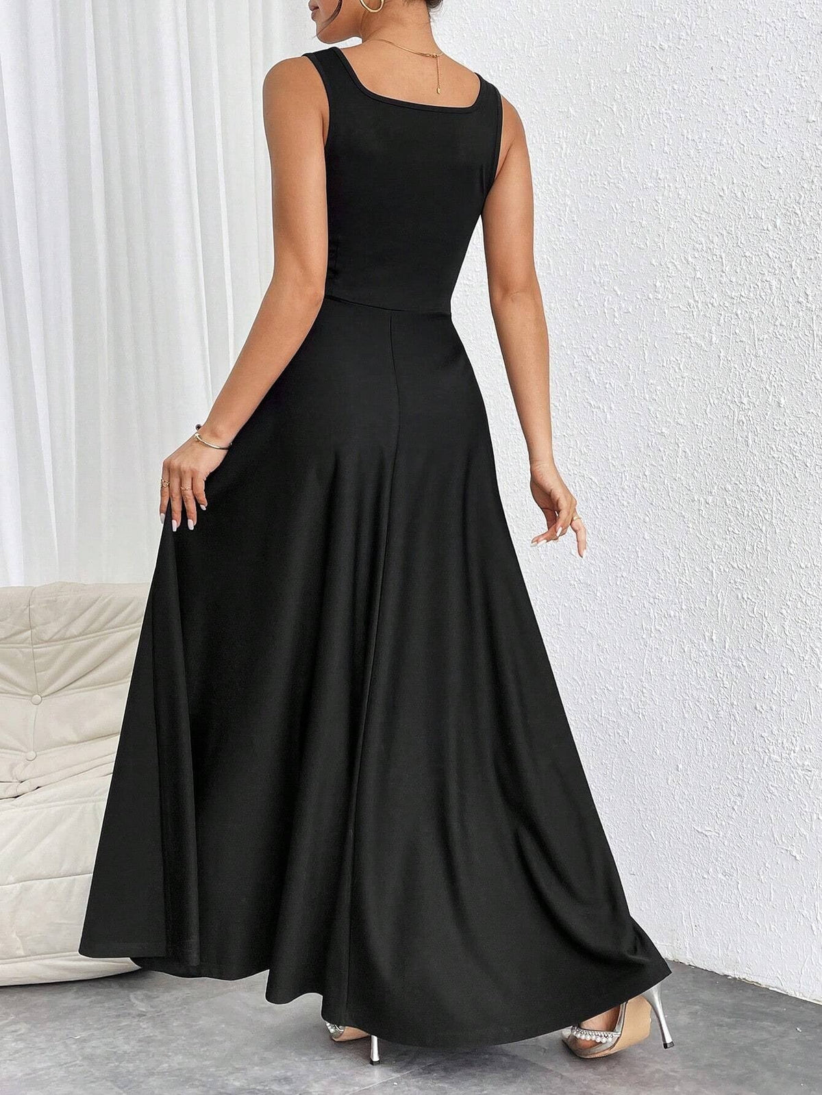 Women's Maxi Dress – Square Neckline, Elegant A-Line Cut