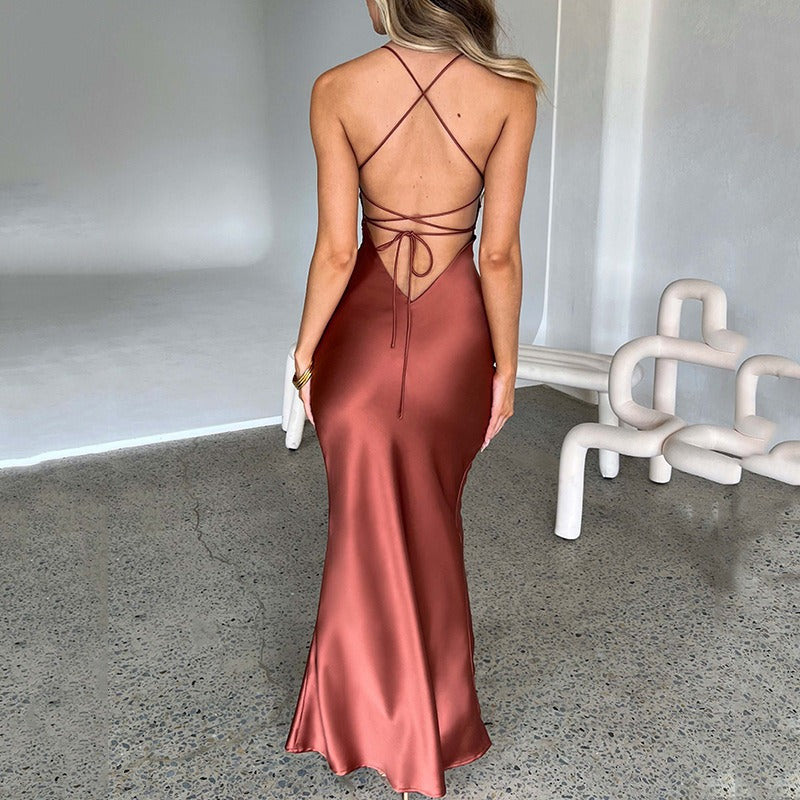 Women's Satin Dress – Backless with Laces