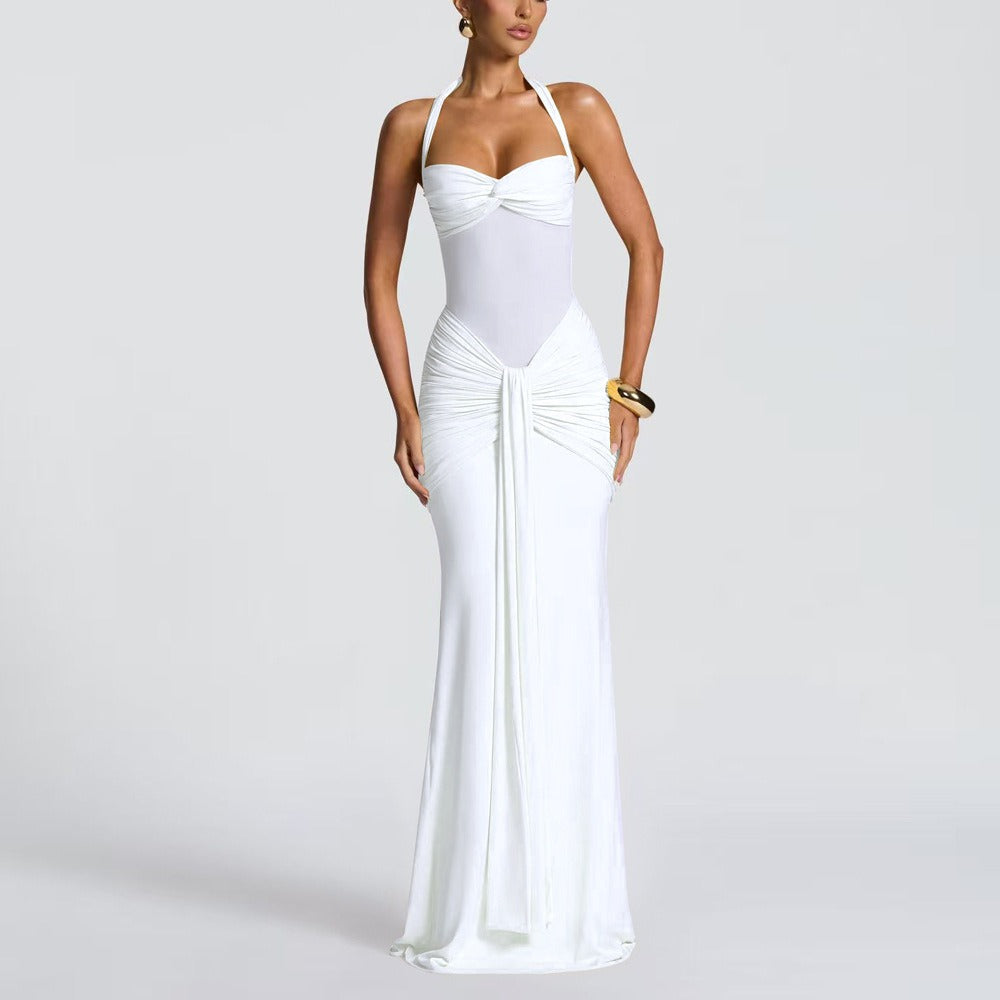 Fitted Long Ruched Dress for Women – Evening Dress with Sheer Panel