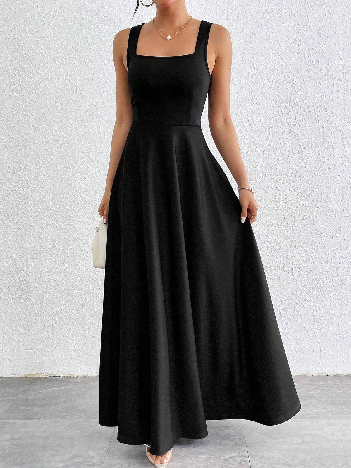 Women's Maxi Dress – Square Neckline, Elegant A-Line Cut