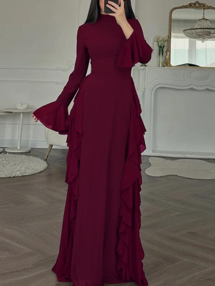 Women's Long Dress with Ruffles – Lightweight Flowing Fabric and Flared Sleeves