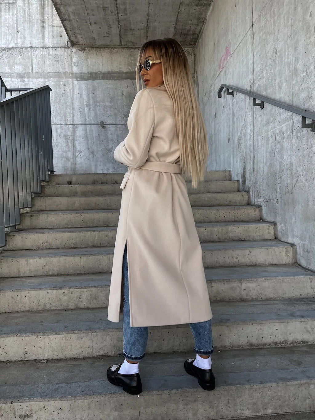 Women's Long Double-Breasted Coat – Belted Jacket with Split Lapels