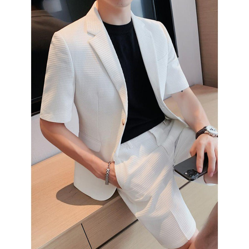 Men’s Textured Short-Sleeve Suit Set – Breathable Slim Fit