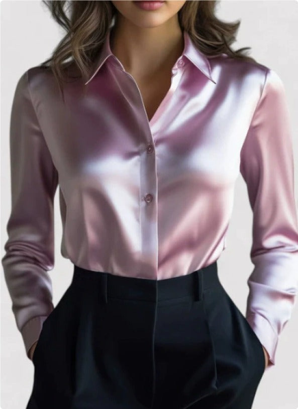 Women’s Satin Button-Down Blouse – Lightweight Fluid Silky Fit