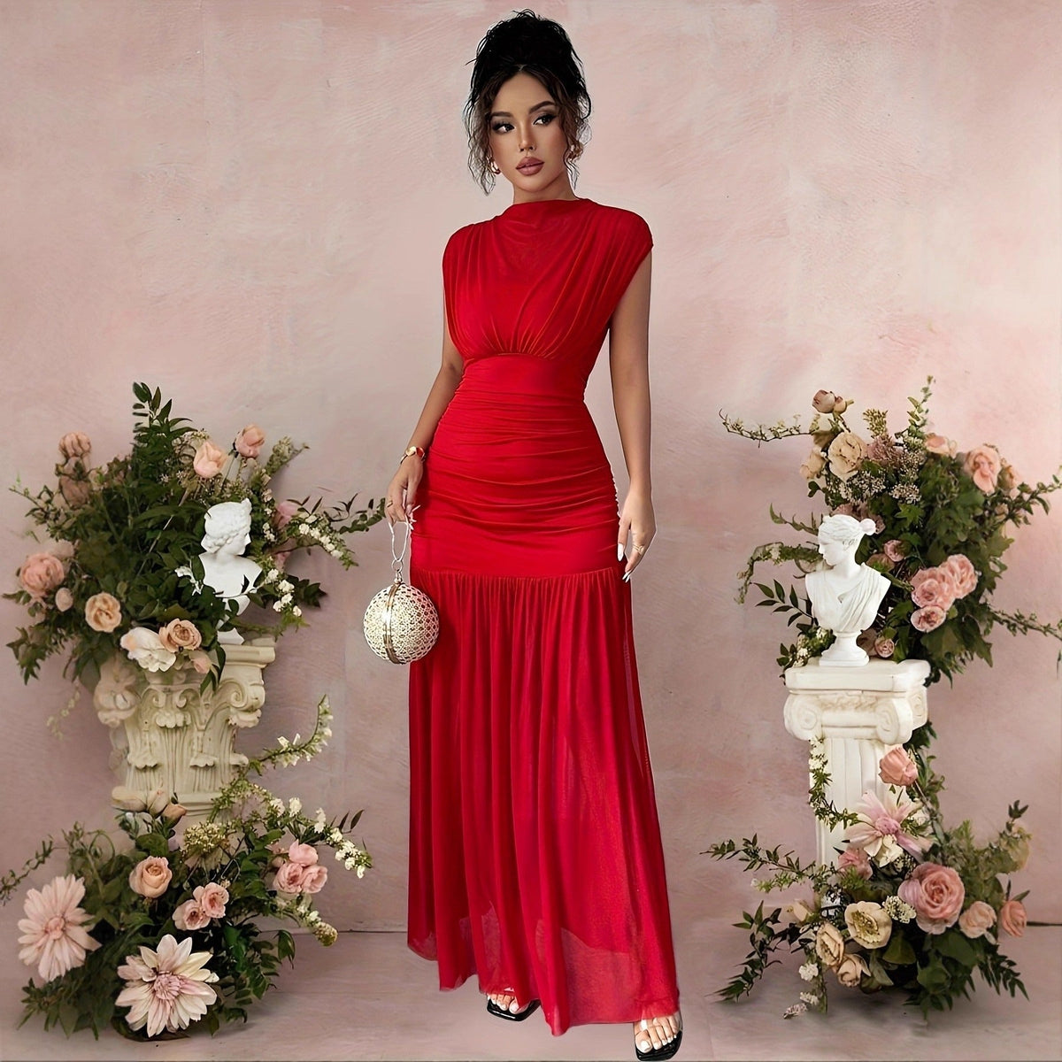 Women’s Ruched Mesh Maxi Dress – Fitted Pleated Elegance