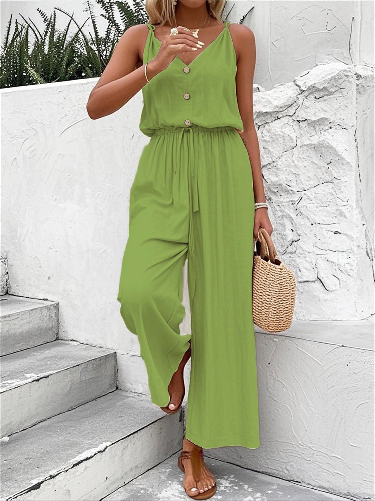 Women's Wide-Leg Jumpsuit – Sleeveless V-Neck with Tied Belt