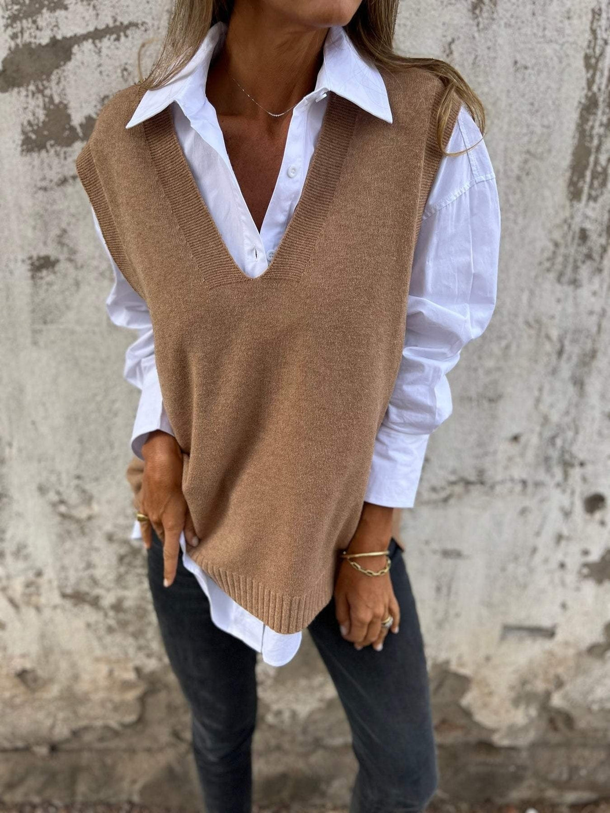 Women's Knitwear Vest – Deep V-Neck, Oversize Fit