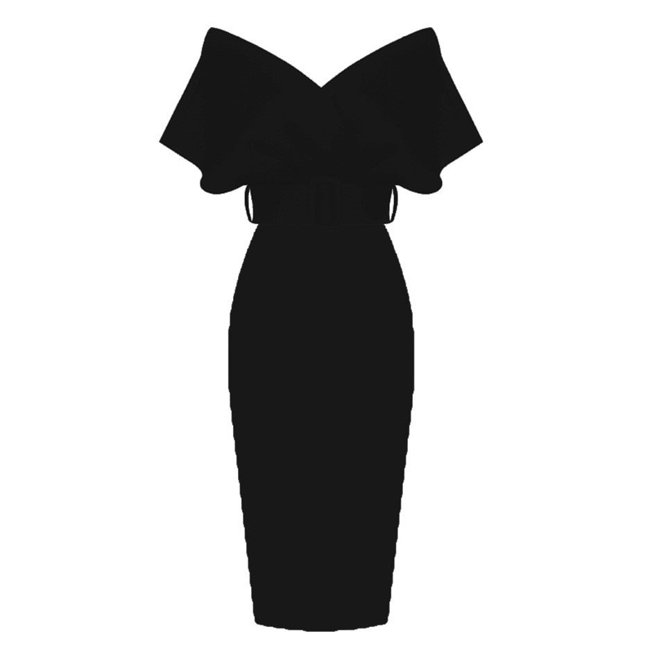 Women’s Off-Shoulder Midi Dress – Belted Structured Bodycon Cut