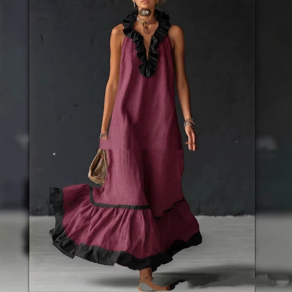 Women's Ruffled Cotton Maxi Dress - Sleeveless A-Line Silhouette