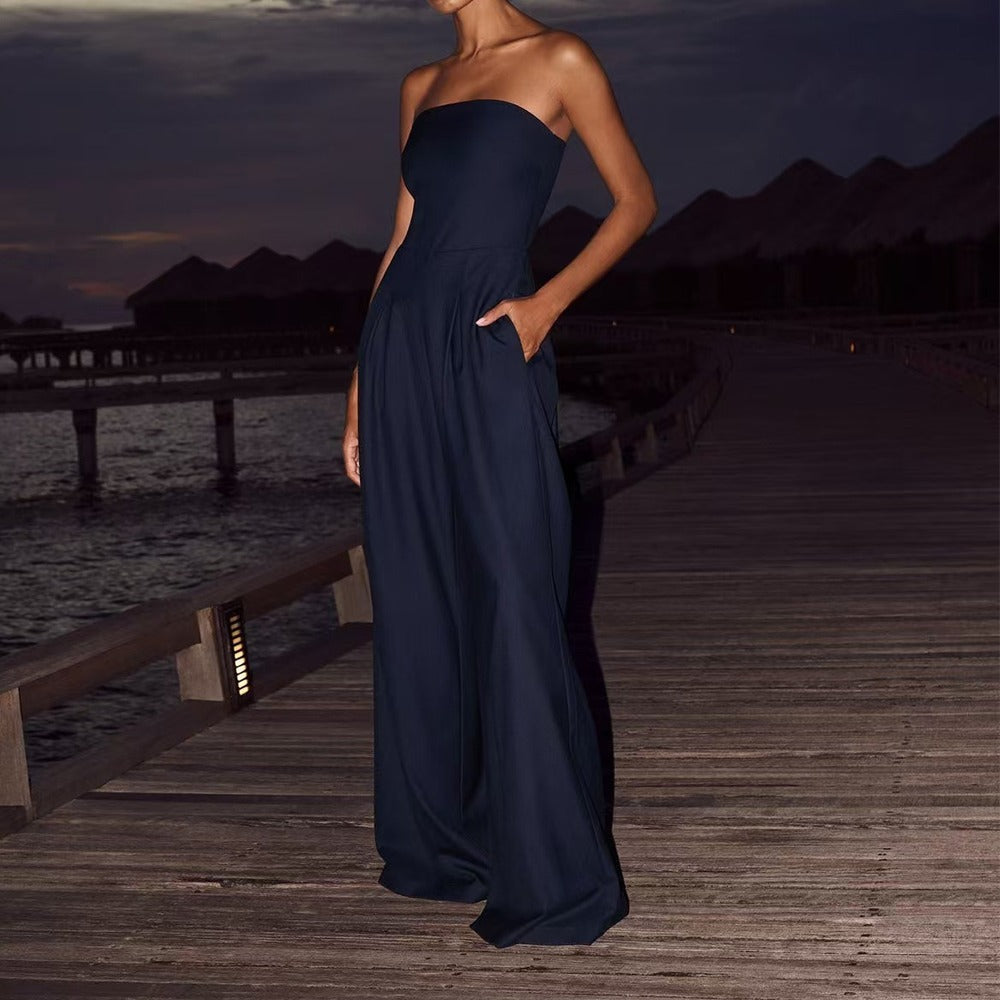 Women’s Strapless Wide-Leg Jumpsuit – Elegant Fitted Flowing Fit